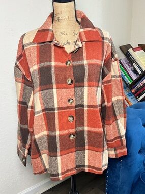 Plaid Button-Front Shacket - Rust & Cream